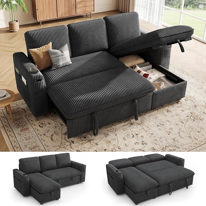 Sectional Sleeper Sofa with Pull Out Bed, Plush Corduroy Sectional Sofa with Storage Chaise and Adjustable Backrest, Cloud Sectional Couches for Living Room, Apartment, Dark Grey