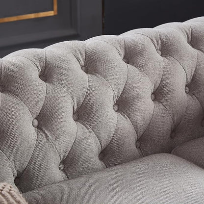Chesterfield Sofa, 89" Mid Century Modern Couch with Low Back, Roll Arm Nailhead Trim Classic 3 Seater Couch for Living Room, Office, Apartment, Linen Light Grey