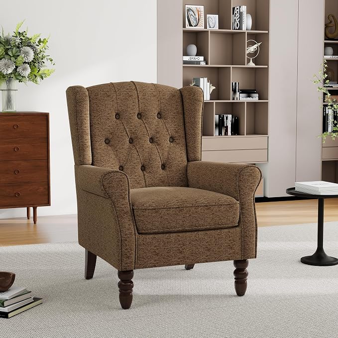 Mid-Century Modern 2-Piece Wingback Chair Set - Plush Upholstered Accent Chairs with Solid Wood Legs, High Back Lounge Seating for Living Room, Bedroom & Office - Retro Matched Pair (Creamy Brown)