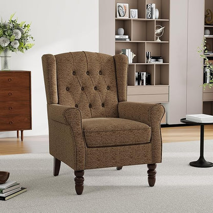 Mid-Century Modern Wingback Chair - Plush Upholstered Accent Armchair with Solid Oak Legs, Ergonomic High Back Lounge Chair for Living Room, Bedroom & Office - Retro Modern Reading Chair Creamy Brown