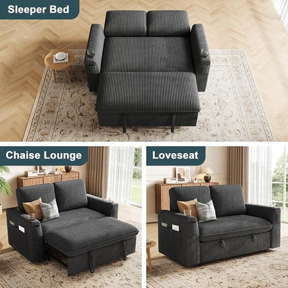 Sleeper Sofa with Pull Out Bed, Plush Corduroy Convertible Sofa Bed with Adjustable Backrest and Cup Holders, Loveseat Sleeper Couches for Living Room, Apartment, Dark Grey