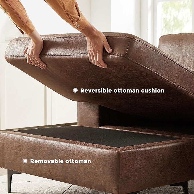 VANOMi 100" W Faux Leather Sofa with Reversible Chaise for Apartment | Dark Brown Faux Leather L-Shaped Couch for Living Room, Office, 3 Seater, Sectional