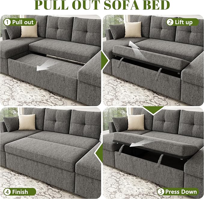 Huatean Home Oversized Sleeper Couch Sofa, 110 inch 2 in 1 Pull Out Couch with Double Storage Chaise, Sectional Sleeper Sofa Bed with Side Pocket for Living Room, Dark Grey