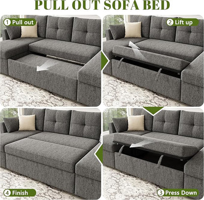 Huatean Home Oversized Sleeper Couch Sofa, 110 inch 2 in 1 Pull Out Couch with Double Storage Chaise, Sectional Sleeper Sofa Bed with Side Pocket for Living Room, Dark Grey