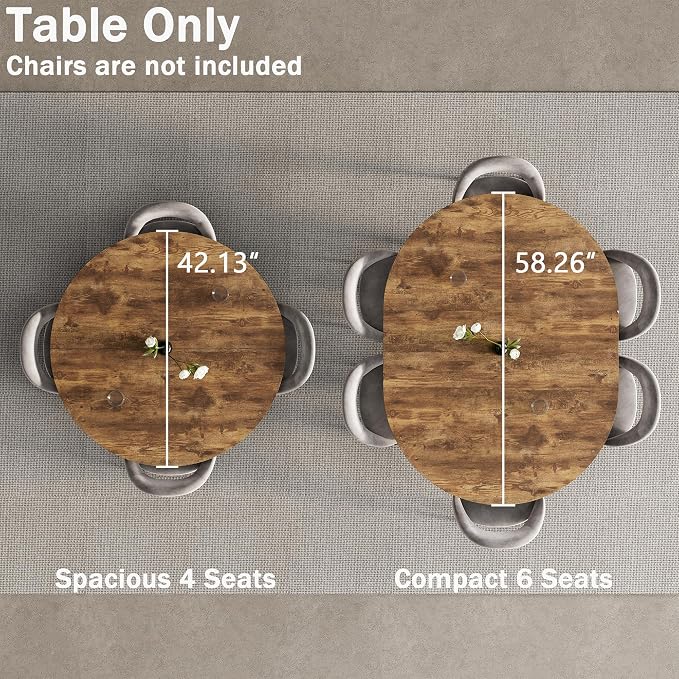 42"-58" Extendable Oval Dining Table for 4-6, Kitchen Round Table with Hidden Leaves & Storage Shelf, Space Saving Modern Design with Sturdy Metal Legs for Kitchen, Dining Room & Small Apartments
