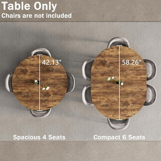 42"-58" Extendable Oval Dining Table for 4-6, Kitchen Round Table with Hidden Leaves & Storage Shelf, Space Saving Modern Design with Sturdy Metal Legs for Kitchen, Dining Room & Small Apartments