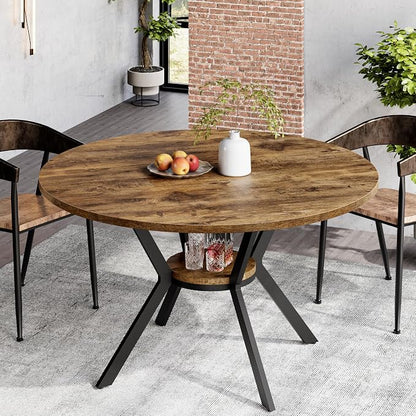 MECHYIN Round Dining Table for 2-4, 42 Inch Wood Kitchen & Dining Room Tables with Storage, Circle Dinner Table with Metal Legs, Space Saving Small Table for Dining Room, Kitchen, Rustic Brown