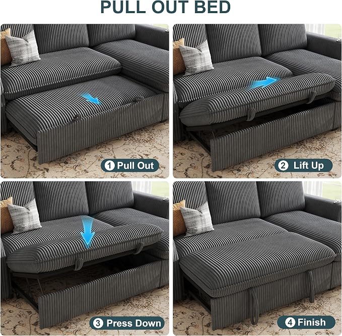 Sectional Sleeper Sofa with Pull Out Bed, Plush Corduroy Sectional Sofa with Storage Chaise and Adjustable Backrest, Cloud Sectional Couches for Living Room, Apartment, Light Grey