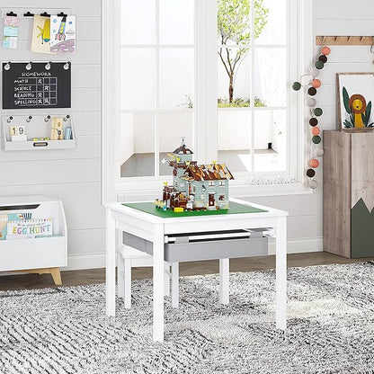 UTEX 2 in 1 Kids Construction Play Table with Storage (White) | with Storage Drawers and Built in Plate