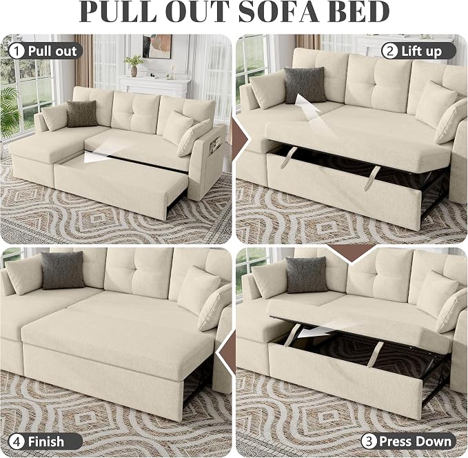 Huatean Home Sleeper Sofa Couch, 2 in 1 Pullout Couch Bed with Storage Chaise, Sectional Sleeper Sofa Bed with Side Pocket for Living Room, Beige