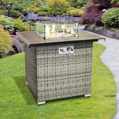 SereneLife Propane Fire Pit Table, 50000 BTU CSA/ETL Certified Safe Gas Table with Sturdy Wicker Base, Stainless Steel Burner, Glass Wind Guard & Cover, Outdoor Fireplaces for Parties
