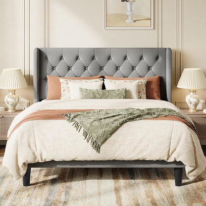SHA CERLIN Full Size Upholstered Platform Bed Frame with Wingback Headboard, Tufted Linen Fabric, Wooden Slats Support, Easy Assembly, No Box Spring Needed, Light Grey