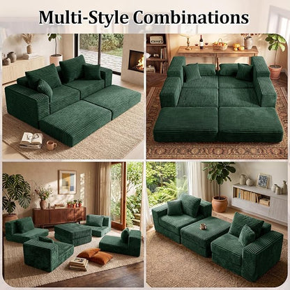 75'' L-Shaped Cloud Modular Sectional Couch with Chaise, Modern Corduroy Memory Foam Sofa Bed, Upholstered Boneless Deep Seat Fluffy Sleeper Sofa, for Living Room, No Assembly Needed (Green)