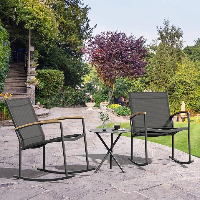 Shintenchi 3 Pieces Patio Rocking Bistro Sets,Outdoor Textilene Fabric Conversation Bistro Set,Front Porch Rocker Chairs Small Patio Furniture Set with Table for Lawn,Garden,Balcony(Black)