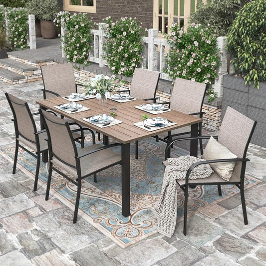 HERA'S HOUSE Patio Table and Chairs for 6, 7 Pieces Outdoor Deck Dining Sets, Wood-Like Rectangular Metal Table Set with Chairs for Lawn Garden Backyard, Brown