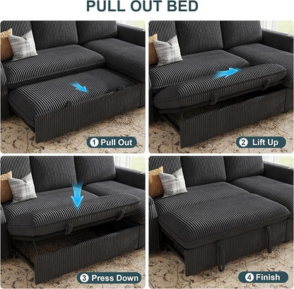 Sectional Sleeper Sofa with Pull Out Bed, Plush Corduroy Sectional Sofa with Double Storage Chaise and Adjustable Backrest, Cloud Sectional Couches for Living Room, Apartment, Dark Grey