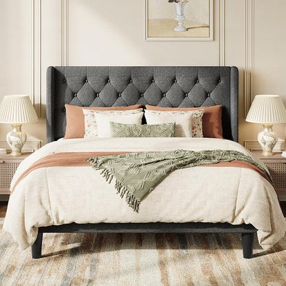 SHA CERLIN Full Size Upholstered Platform Bed Frame with Wingback Headboard, Tufted Linen Fabric, Wooden Slats Support, Easy Assembly, No Box Spring Needed, Dark Grey