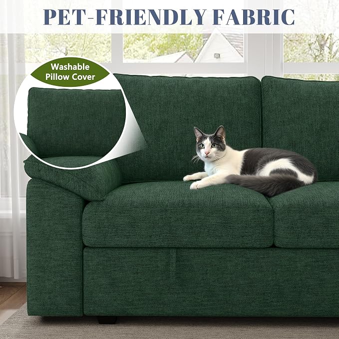 85 Inch Modular Sectional Sofa with Pull Out Bed, L Shaped 5 Seat Sectional Sleeper Sofa with Storage, Sectional Couches for Living Room, Cloud Modular Couch,Removable Sofa Cover,Green