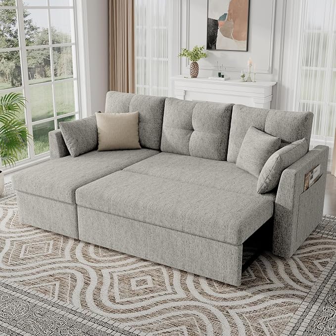 Huatean Home Sleeper Sofa Couch, 2 in 1 Sectional Sleeper Couch Bed with Side Pocket, Pullout Sofa Bed with Storage Chaise for Living Room, Light Grey