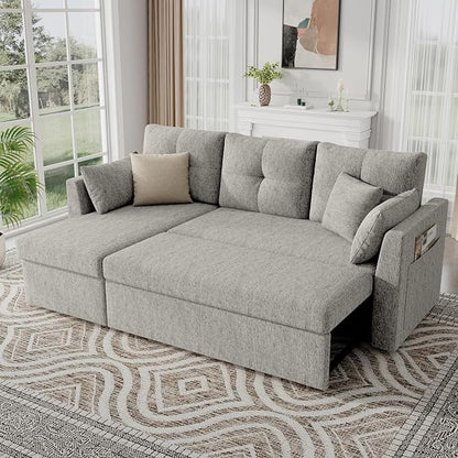 Huatean Home Sleeper Sofa Couch, 2 in 1 Sectional Sleeper Couch Bed with Side Pocket, Pullout Sofa Bed with Storage Chaise for Living Room, Light Grey