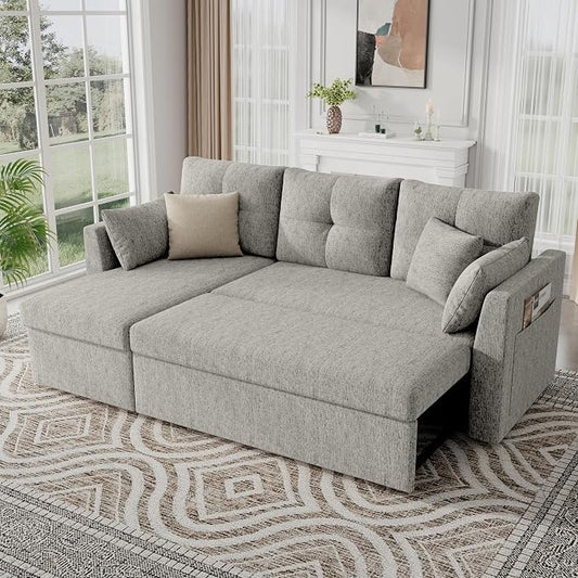 Huatean Home Sleeper Sofa Couch, 2 in 1 Sectional Sleeper Couch Bed with Side Pocket, Pullout Sofa Bed with Storage Chaise for Living Room, Light Grey