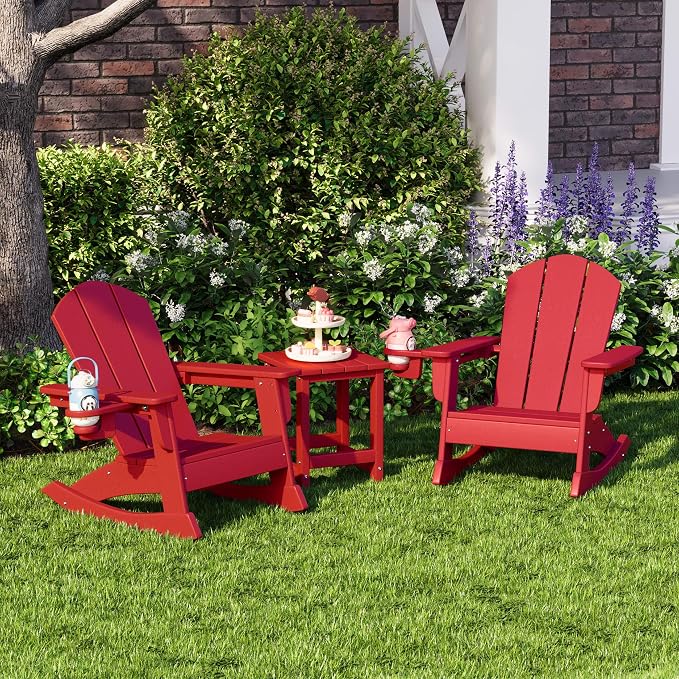 Costaelm Paradise 3-Piece Kids Table and Chairs Set with Toddler Rocking Chairs and Cup Holders, Red