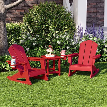 Costaelm Paradise 3-Piece Kids Table and Chairs Set with Toddler Rocking Chairs and Cup Holders, Red