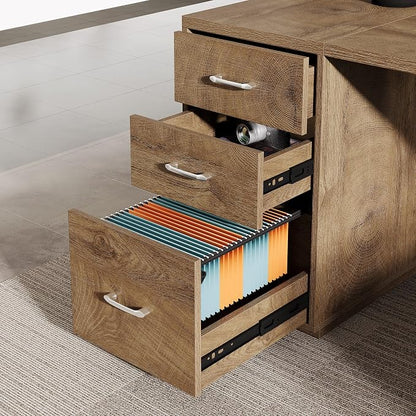 Tribesigns 85.8-Inch L-Shaped Executive Desk, Extra Large Modern Office Desk with File Drawers, Door Cabinet & Shelves, Commercial Office Table, Home Business Workstation, Natural Oak