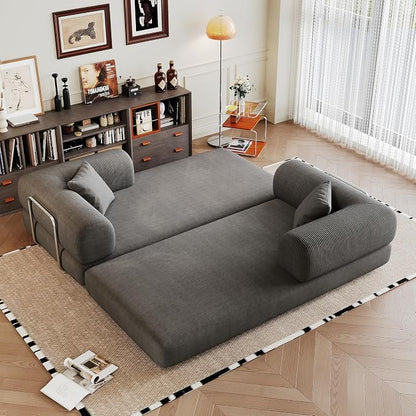 JINGLING 79" Queen Sleeper Sofa Bed with Memory Foam, Compressed Couch in a Box, Foldable Convertible Small Couches for Small Spaces Bedroom Game Room, Corduroy Fabric, Grey