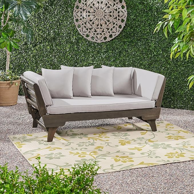 Christopher Knight Home Gary Patio Convertible Couch, Wooden Outdoor Daybed, 3-Seater Acacia Wood Patio Furniture Lounge Sofa for Backyard/Poolside/Garden, Back Pillow+Removable Cushion, Grey
