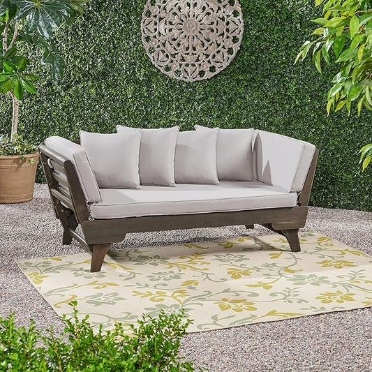 Christopher Knight Home Gary Patio Convertible Couch, Wooden Outdoor Daybed, 3-Seater Acacia Wood Patio Furniture Lounge Sofa for Backyard/Poolside/Garden, Back Pillow+Removable Cushion, Grey