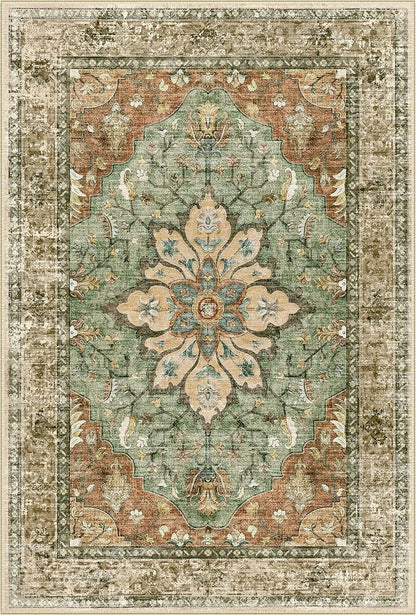 RELEANY Area Rugs Runner 3'x20' Washable Non-Slip, Floral Vintage Distress Medallion Carpet for Kitchen Hallway Bedroom Beside Laundry Room Bathroom, Terracotta Burnt Orange Green