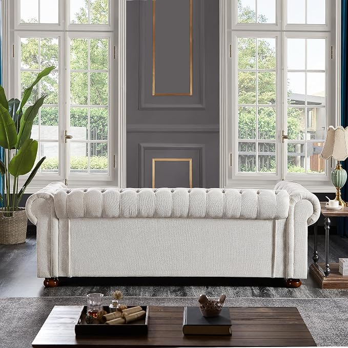 Chesterfield Sofa, 89" Mid Century Modern Couch with Low Back, Roll Arm Nailhead Trim Classic 3 Seater Couch for Living Room, Office, Apartment, Linen Beige