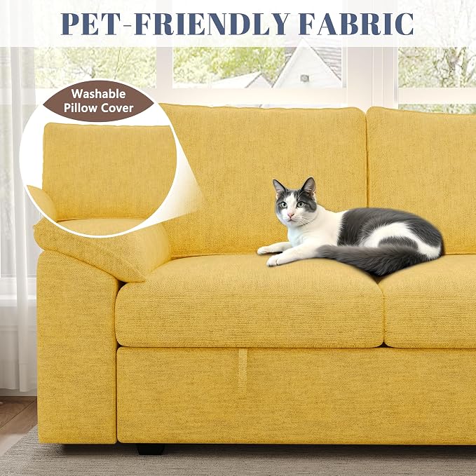 108 Inch Modular Sectional Sofa with Pull Out Bed,U Shaped 7 Seat Sectional Sleeper Sofa with Storage,Sectional Couches for Living Room,Cloud Modular Couch,Removable Sofa Cover,Yellow
