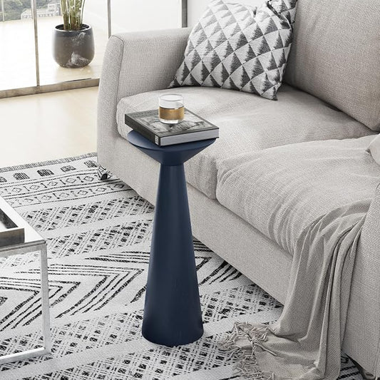COZAYH Farmhouse Tall Pedestal End Table Small Solid Wood Martini Table Plant Stand Modern Round Drink Table for Small Space Living Room, Dark Blue