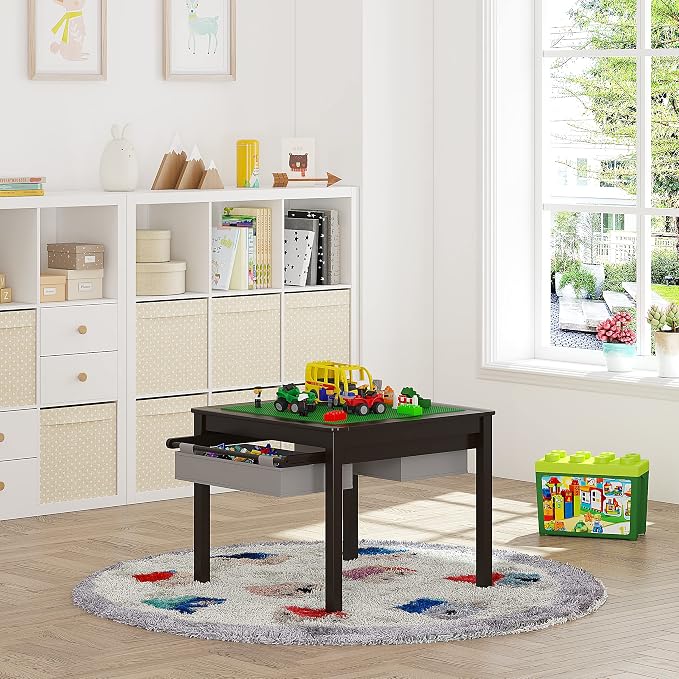UTEX 2 in 1 Kids Construction Play Table with Storage Drawers and Built in Plate (Espresso with Grey Drwaer)