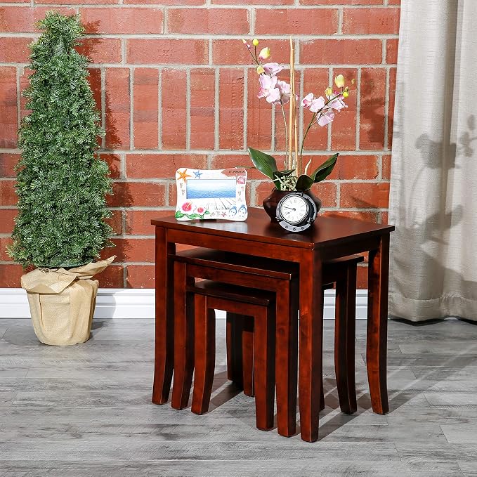 DTY Indoor Living 3-Piece Nesting Tables - Wooden Table Set of 3 for Living Room - Stackable Tables with Sleek Cherry Finish for Stylish and Space-Saving Home Furniture