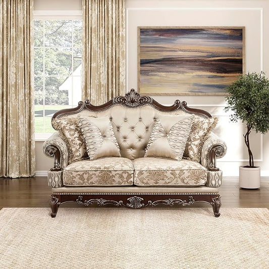 Lexicon Traditional Sofa Couch for Living Room, Rolled Arm Sofa with 4 Accent Pillows, Tufting, Queen Legs in Cherry Finish with Gold Tipping, Upholstered Living Room Furniture, 2 Seater Couch, Brown