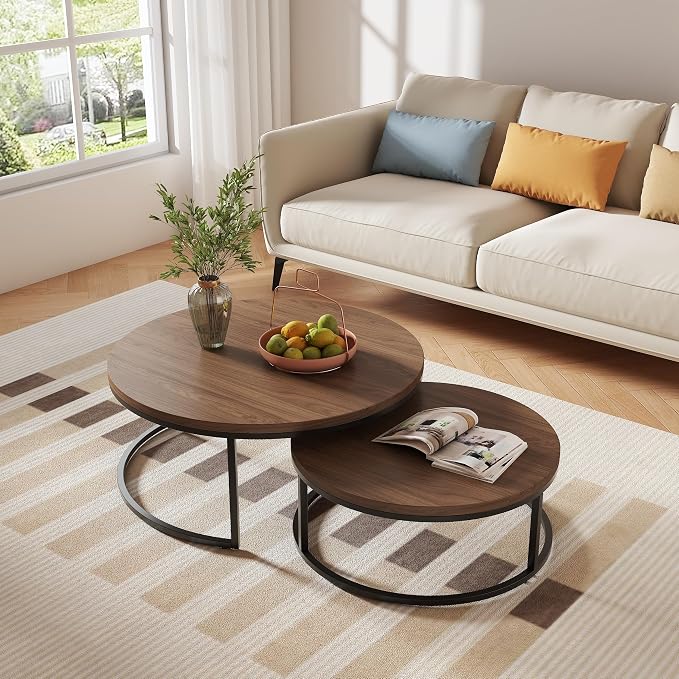 Round Nesting Coffee Table Set of 2, Modern Minimalist Accent Tables for Living Room, Bedroom, Office, Stackable Side Tables (Espresso)