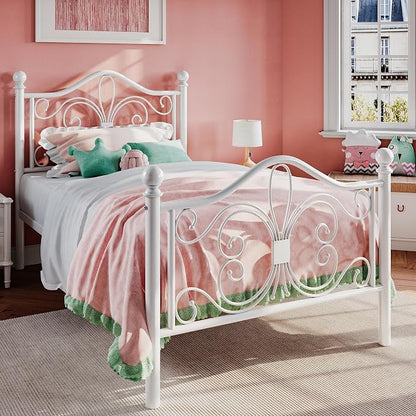 SHA CERLIN Twin Size Bed Frame for Kids,Metal Bed Frame with Butterfly Pattern Design Headboard & Footboard,No Box Spring Needed,Easy Assembly,White