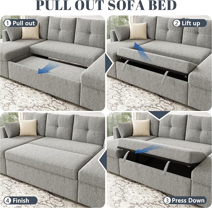 Huatean Home Oversized Pullout Couch Bed, 110 inch 2 in 1 Sleeper Sofa Couch for Living Room, Sectional Sleeper Sofa Bed with Double Storage Chaise, Side Pockets, Light Grey