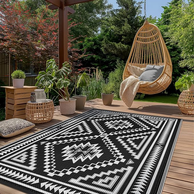 GENIMO Outdoor Rug for Patio Clearance - 6x9 ft Waterproof Plastic Camping Rugs, Reversible Outside Rv Mat Carpet for Porch, Deck, Picnic, Balcony, Beach, Backyard, Black White