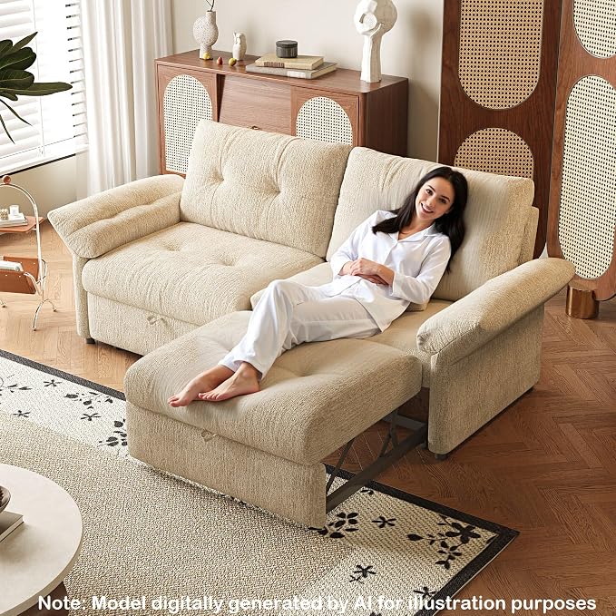 81.5'' Full Sleeper Sofa, Pre-Assembled, Chenille Pull Out Couches Bed, 3-in-1 Convertible Sofa, Adjustable Backrest, Small Loveseat for Small Space, Living Room, Apartment, Chenille Beige