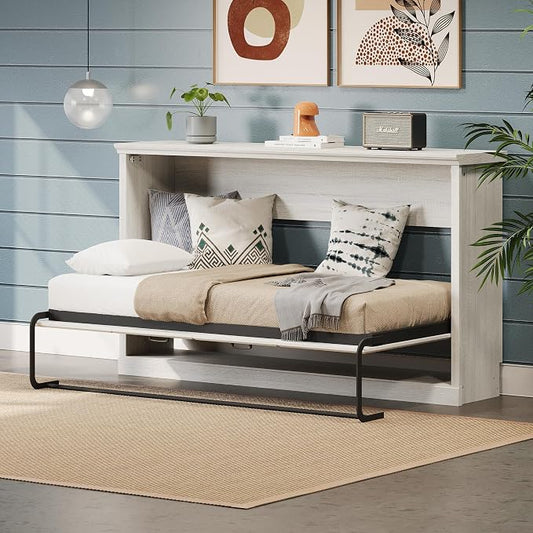 Ball & Cast Horizontal Murphy Bed Twin Size Wall Bed,Folding into Cabinet Hideaway Bedframe w/Metal Frame and Wood Slat Support,Space Saving Furniture for Boy Girl Bedroom,Student,Rustic White