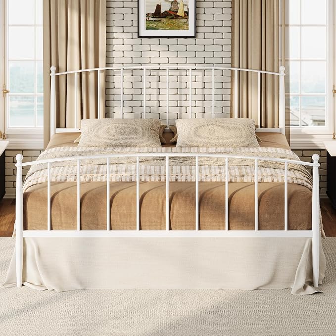 SHA CERLIN King Size Metal Platform Bed Frame with Victorian Style Iron-Art Headboard and Footboard, Easy Assembly, No Box Spring Needed, White