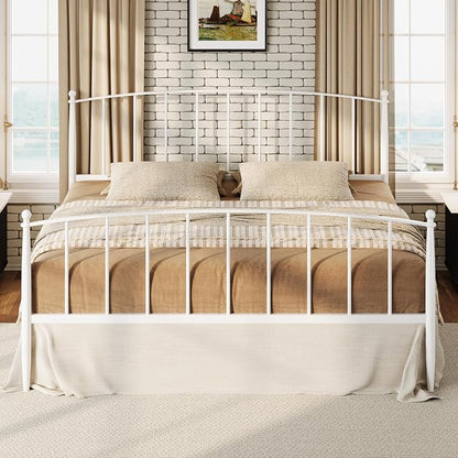 SHA CERLIN King Size Metal Platform Bed Frame with Victorian Style Iron-Art Headboard and Footboard, Easy Assembly, No Box Spring Needed, White
