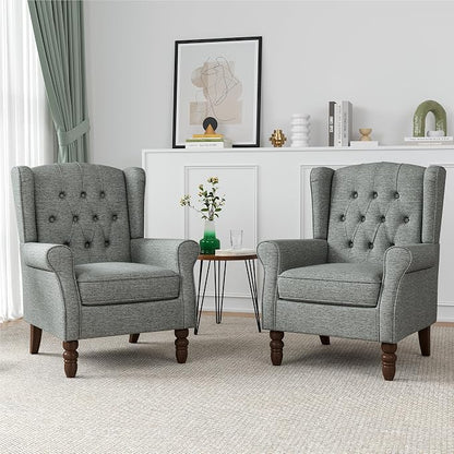 Wingback Accent Chair, Button-Tufted High Back Armchair for Living Room, Upholstered Wingback Chair with Solid Wood Legs, Comfy Single Sofa Reading Chair for Bedroom, Grey