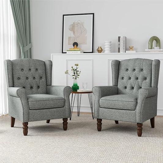 High Back Accent Chairs Set of 2, High Wingback Chair for Living Room, Button-Tufted Upholstered Fabric Armchair with Solid Wood Legs, Comfy Single Sofa Reading Chair for Bedroom, Gray
