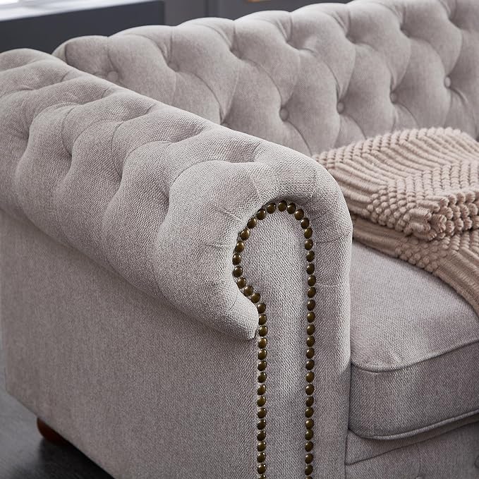 Chesterfield Sofa, 89" Mid Century Modern Couch with Low Back, Roll Arm Nailhead Trim Classic 3 Seater Couch for Living Room, Office, Apartment, Linen Light Grey