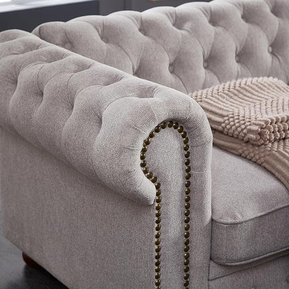 Chesterfield Sofa, 89" Mid Century Modern Couch with Low Back, Roll Arm Nailhead Trim Classic 3 Seater Couch for Living Room, Office, Apartment, Linen Light Grey